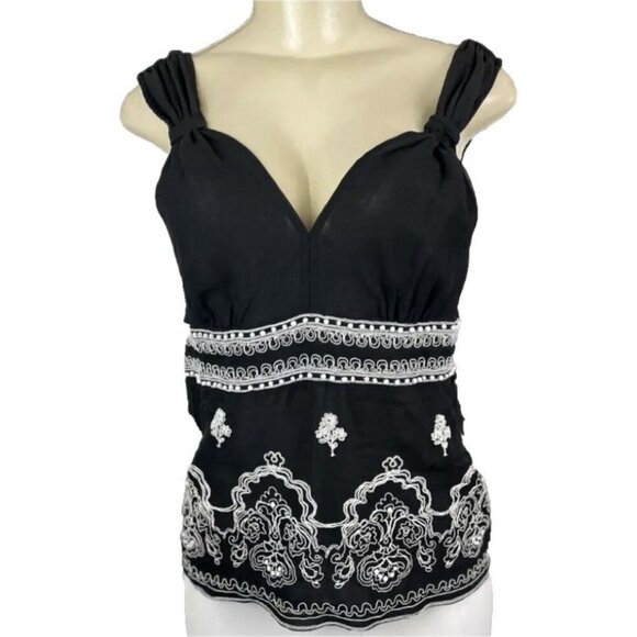 White House Black Market S Black Silk Embroidered Pearl Beads Lined Strappy Top - Picture 3 of 6